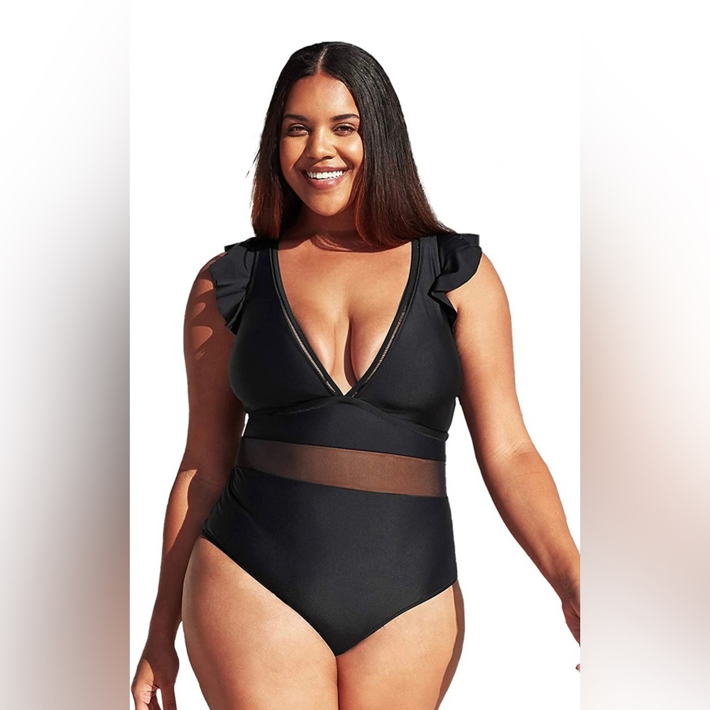 Cupshe V Neck Ruffle Mesh Bathing Suit